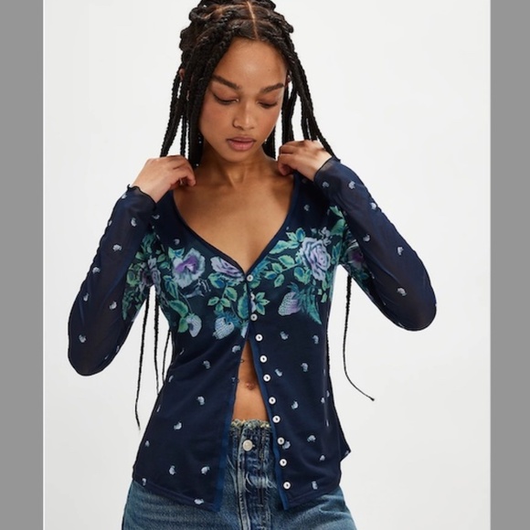 New Free People Home Grown Floral Mesh Cardi NWT Size Medium - Picture 3 of 6